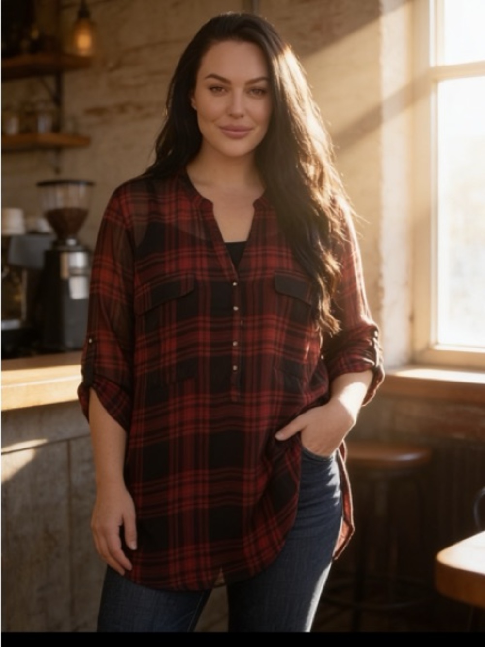 Sheer Le Chateau Red and Black Plaid  Button-Up Shirt Tunic Roll Uo Sleeve